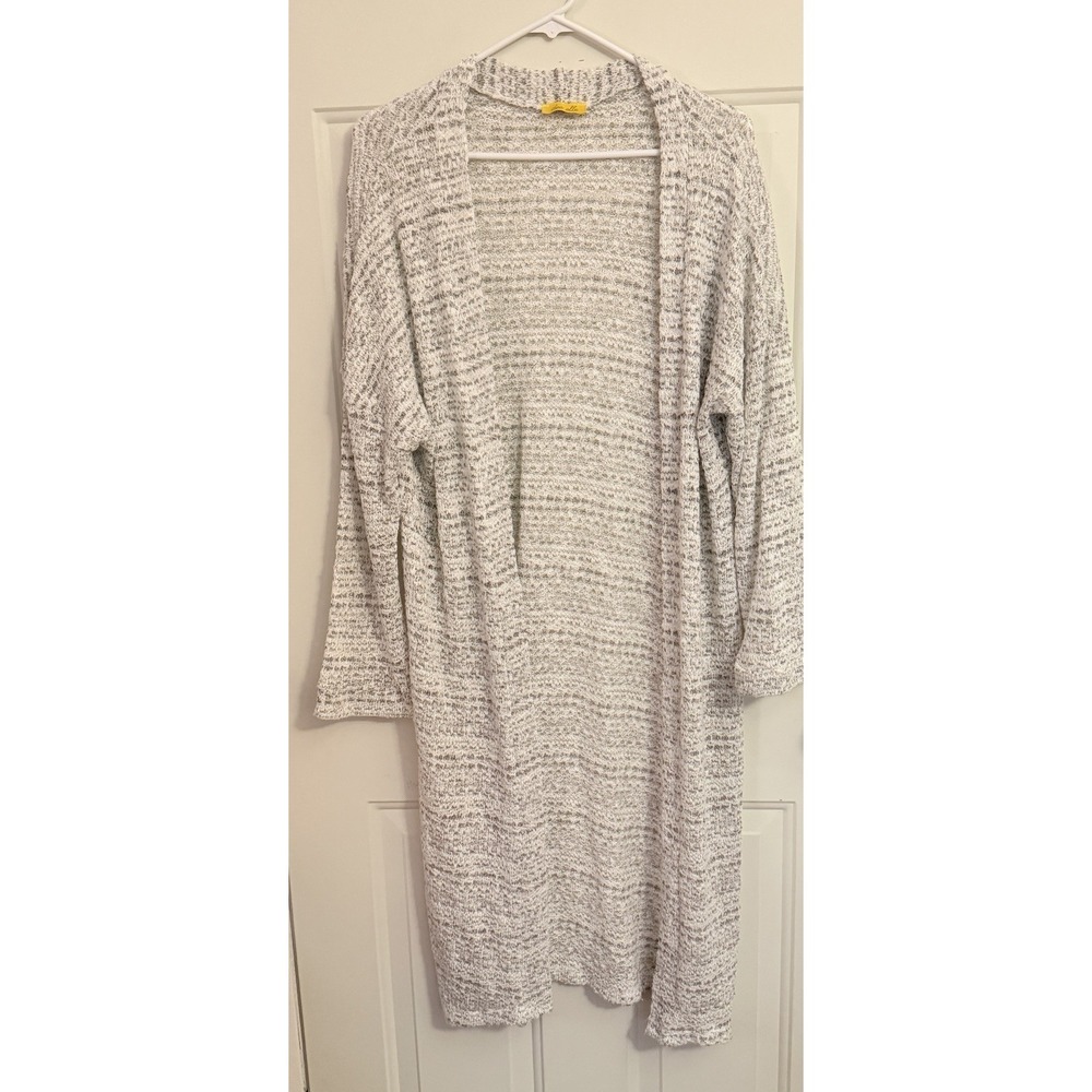 Dee Elle Women's L‎ Long Open Front Duster Cardigan Heather Gray Cream USA